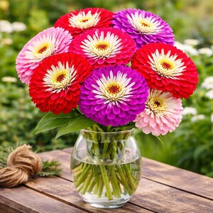 May include: A vibrant bouquet of zinnias in a clear glass vase. The flowers display a range of colors, including red, pink, and purple, with white and yellow centers. The vase sits on a wooden surface, with a blurred green background.