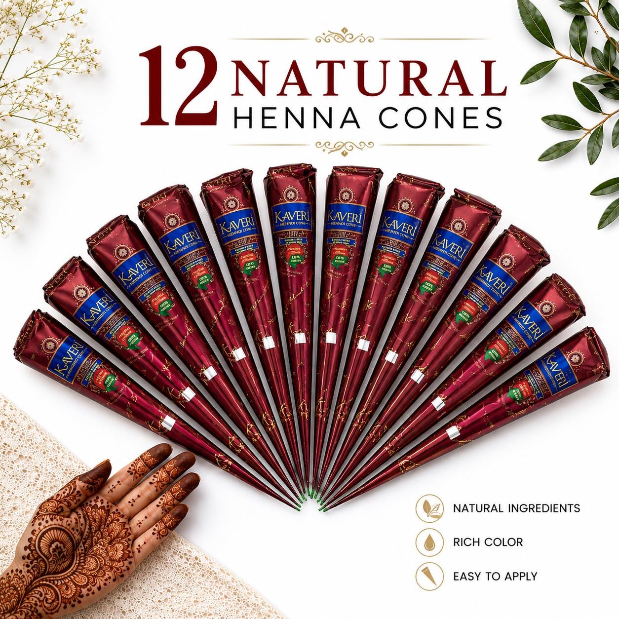 Customizable 12 Natural Herbal Henna Cones Temporary Tattoo Body