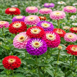 May include: A vibrant field of colorful zinnia flowers in full bloom. The flowers display a variety of colors, including red, pink, purple, and white, with yellow centers. Green stems and leaves provide a natural backdrop.