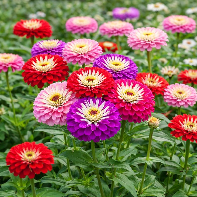 May include: A vibrant field of colorful zinnia flowers in full bloom. The flowers display a variety of colors, including red, pink, purple, and white, with yellow centers. Green stems and leaves provide a natural backdrop.