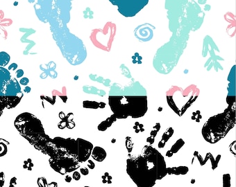 Sömlöst tryck med babyfötter och händer, rosa blå svart (svg, eps, pdf, jpg)