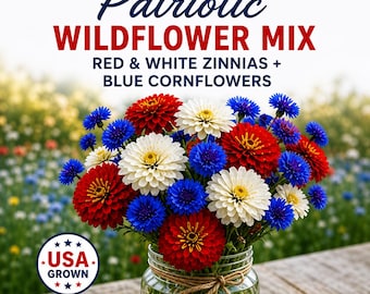 Patriotic Wildflower Seeds – Red and White Zinnias and  Blue Cornflowers – USA Grown Garden Mix