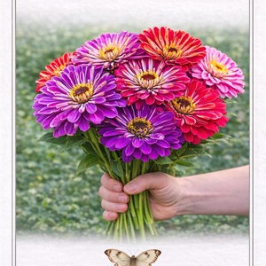 May include: A hand holds a bouquet of colorful zinnias in shades of red, pink, purple, and yellow. The image includes text that reads "Meteor Shower Zinnia Mix" and "HEIRLOOM &bull; NON-GMO". A butterfly graphic and website address are also present.
