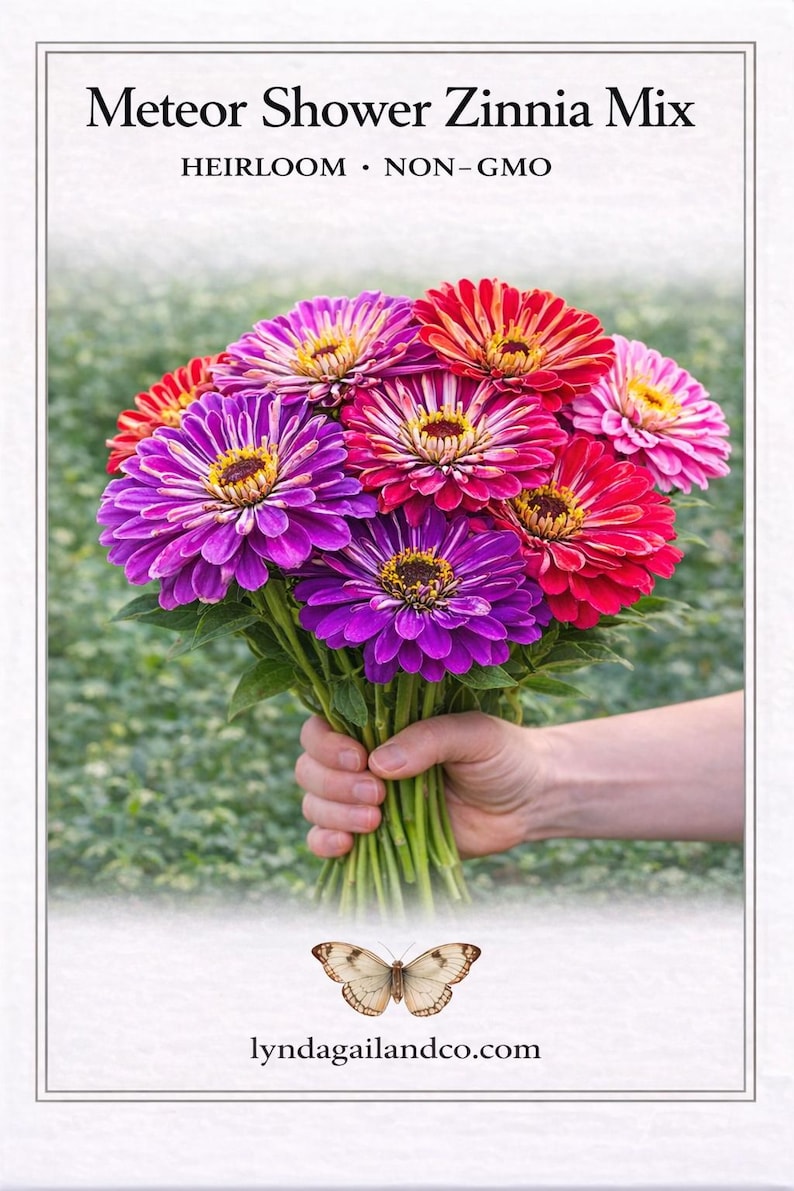 May include: A hand holds a bouquet of colorful zinnias in shades of red, pink, purple, and yellow. The image includes text that reads "Meteor Shower Zinnia Mix" and "HEIRLOOM &bull; NON-GMO". A butterfly graphic and website address are also present.
