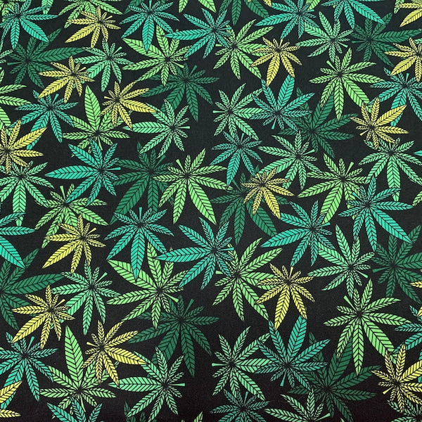 Marijuana Fabric Cannabis Fabric in Black/Green/Yellow /  100% Cotton Fabric / Weed Leaf / Custom Print 57"/58" Wide 150GSM