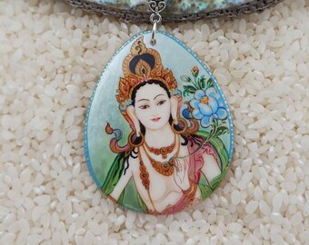 Hand Painted White Tara Buddha Pendant, Russian Lacquer MOP Teardrop Bead