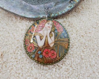 Mucha jewelry, Mucha August, Hand painted, global curiosity, miniature painting, Mucha twelve Months, painted shell