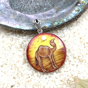 Hand painted Camel Sterling silver jewelry, wildlife pendant, lacquer art, miniature painting, Global Curiosity, Zoo jewelry, camel gift