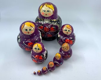 Purple Headscarf Matryoshka Russian Nesting Doll Babushka Wooden Set 7 Pc Purple Headscarf Matryoshka Russian Nesting Doll Babushka Wooden Set 7 Pc