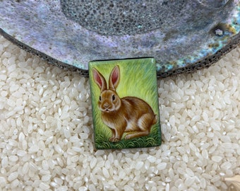 Hand Painted Rabbit Bead: Lacquer Art Onyx Pendant (30x40mm)