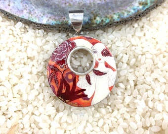 Hand Painted Rose Sterling Silver Pendant: Art Deco Lacquer Art