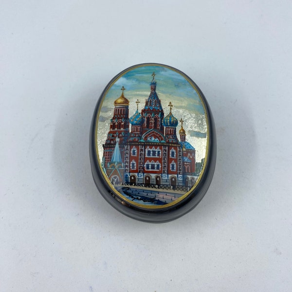 Hand painted, Lacquer box art, Church of the Spilt Blood, St. Petersburg, Fedoskino, miniature painting, Global Curiosity, one of kind  Gift