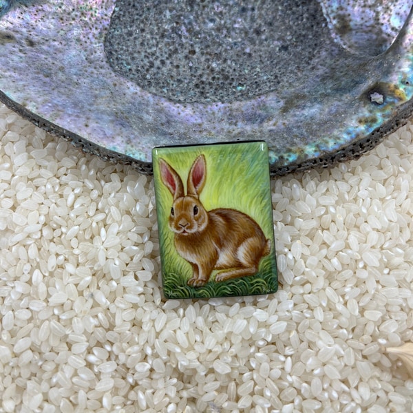 Hand painted, rabbit bead, Bunny jewelry, Painted onyx, lacquer art, Wild life bead, Easter Bead, global curiosity, Hare bead, Miniature art