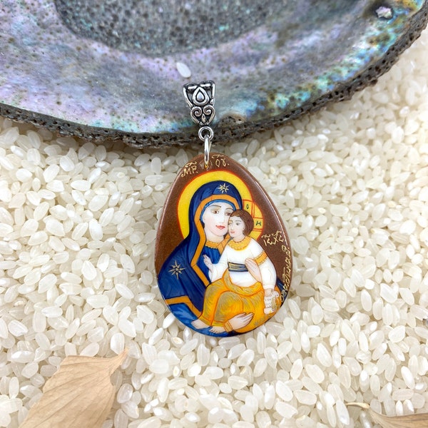 Fedoskino Style, orthodox hand painted pendant,  Mother of Pearl, lacquer art, religious jewelry, Madonna and Child, Our lady of Kazan