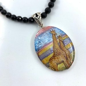 Hand painted Giraffe Sterling silver jewelry, wildlife pendant, lacquer art, miniature painting, Fedoskino, Global Curiosity, Zoo jewelry