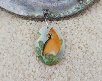 Hand painted, Northern Cardinal pendant, painted shell, lacquer art, Wildlife jewelry, Woodland jewelry, global curiosity, Spring Trend