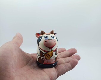 Hand Painted Cow Matryoshka Nesting Dolls, 5 Piece Wooden Toy, Russian Folk Art