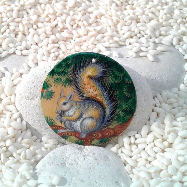 Hand painted, squirrel pendant, painted shell, lacquer art, Fedoskino style, global curiosity, autumn jewelry, miniature painting, wildlife