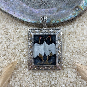 Hand painted, Crane jewelry,  painted shell, 925 Sterling silver, lacquer art, Art Nouveau, global curiosity, long life gift, Japanese gift