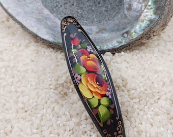 Flower Hair Barrette: Hand Painted Zhostovo Floral Lacquer Art