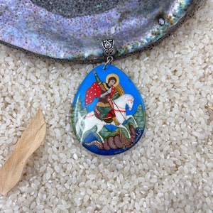 Saint George Jewelry, Orthodox Jewelry, hand painted, painted shell, lacquer art, religious jewelry, Holiday Gift, Easter Jewelry, dragon