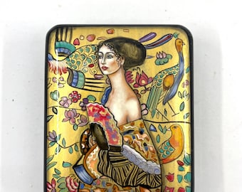 Klimt Lady with Fan Lacquer Box, Hand-Painted Mstera Miniature Art Nouveau Paper Mache