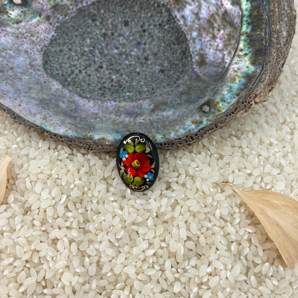 Hand painted, red flower Bead, painted onyx, lacquer art, miniature painting, Zhostovo floral, painted gemstone, earrings making material