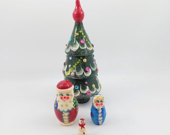 Hand-Painted Christmas Tree Matryoshka Dolls, Santa Snowman Folk Art Set