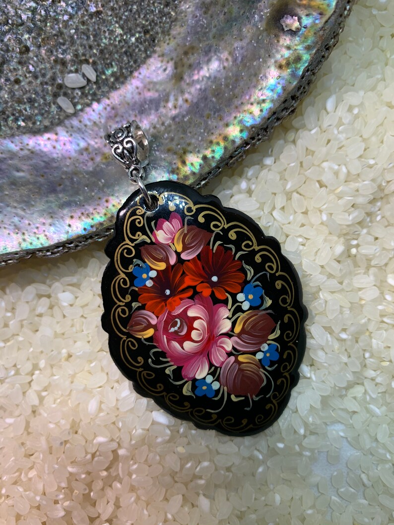 Paper Mache Flower Pendant Hand Painted Russian Lacquer Etsy