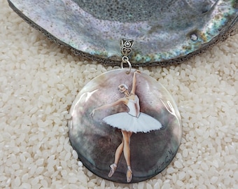 Hand Painted Ballerina MOP Pendant, Art Nouveau Lacquer Miniature Painting