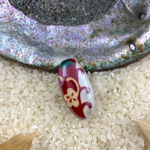 Hand painted, Japanese Textile, cherry pattern, Porcelain bead, ceramic focal bead, large hole, Global Curiosity, Boho bead, Art Nouveau
