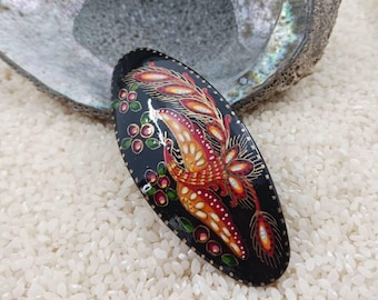 Hand Painted Firebird Hair Barrette, Zhostova Floral Lacquer Art Clip