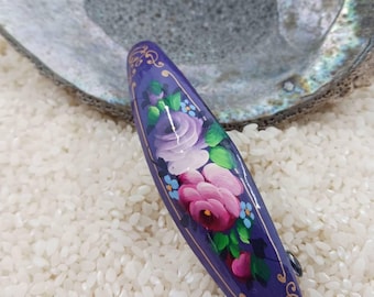 Flower Hair Barrette: Hand Painted Zhostovo Floral Lacquer Art