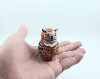 Hand Painted Owl Nesting Doll: 5 Piece Miniature Matryoshka Set