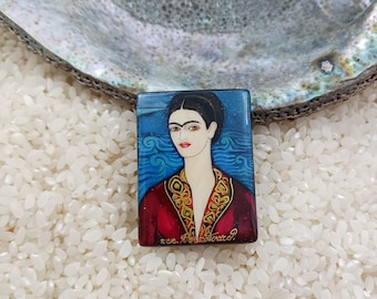 Frida beads, Frida with cat, Hand painted bead, Frida Kahlo jewelry, lacquer art, global curiosity, miniature painting, fine art beads,