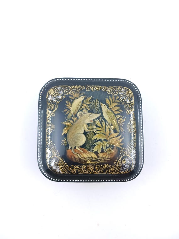 Hand Painted Palekh Lacquer Box: Folk Art Mouse Miniature - Etsy