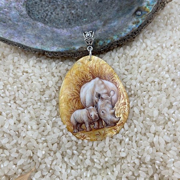 Hand painted, white rhino pendant, painted shell, lacquer art, Fedoskino, global curiosity, MOP, Gift for man, zoo gift, painted shell