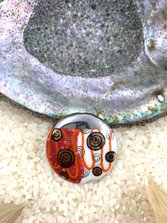 Hand painted beads, Art Nouveau bead, Porcelain , ceramic focal beads, large hole, Global Curiosity, Boho beads, Under glazed, Red, art bead