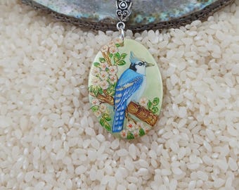 Hand painted, Blue jay pendant, painted shell, lacquer art, Wildlife jewelry, Woodland jewelry, global curiosity, Spring Trend