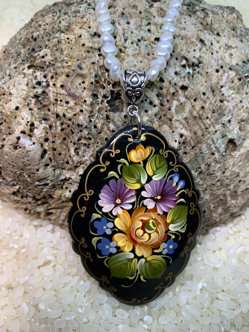 Paper Mache Flower Pendant Hand Painted Russian Lacquer Etsy
