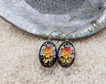 Hand Painted yellow flower earrings: Lacquer Art Onyx, Sterling Silver Hooks