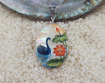 Hand Painted Black Swan with waterlily Pendant: MOP Lacquer Art Nouveau Jewelry