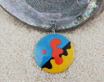 Joan Miro Pendant: Hand Painted Mother of Pearl Lacquer Art Jewelry
