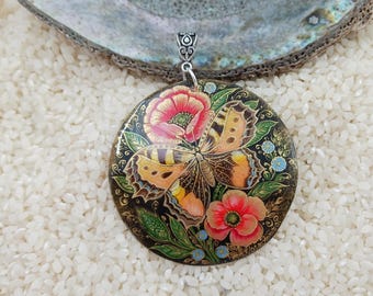Hand painted, Poppy flower with butterfly, shell pendant, Mstera, Lacquer art, miniature painting, Global Curiosity, Autumn jewelry