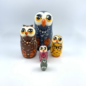 Hand Painted Owl Nesting Dolls: Traditional Matryoshka Set