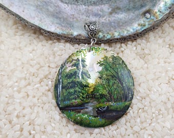 Hand Painted Lacquer Pendant, Summer Landscape, Mother of Pearl Shell, Fedoskino Art