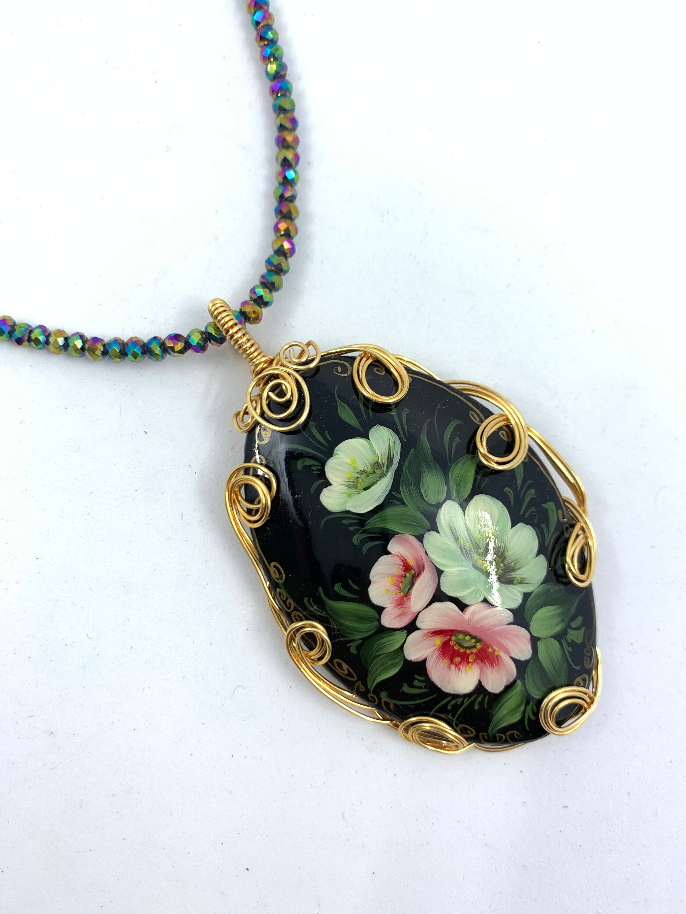 Hand Painted Flower Jewelry Paper Mache Russian Lacquer Etsy