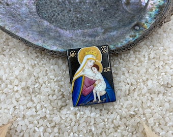 Hand Painted Madonna Child Pendant: Black Onyx Orthodox Jewelry