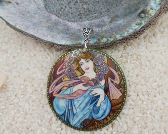 Mucha jewelry, Mucha December, Hand painted, global curiosity, miniature painting, Mucha twelve Months, painted shell