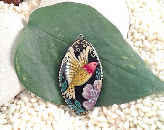 Colgante de colibrí pintado a mano, joyería artística de laca rusa, estilo Mstera